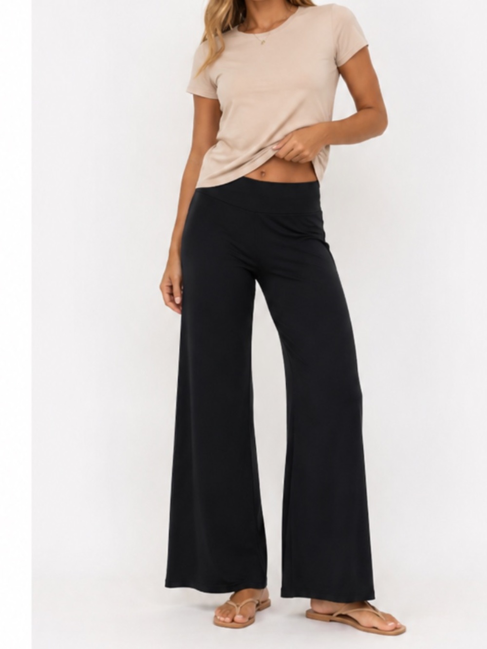 Black Wide Leg Jersey Knit Pants Women's Size L Mid Rise Pull On Casual